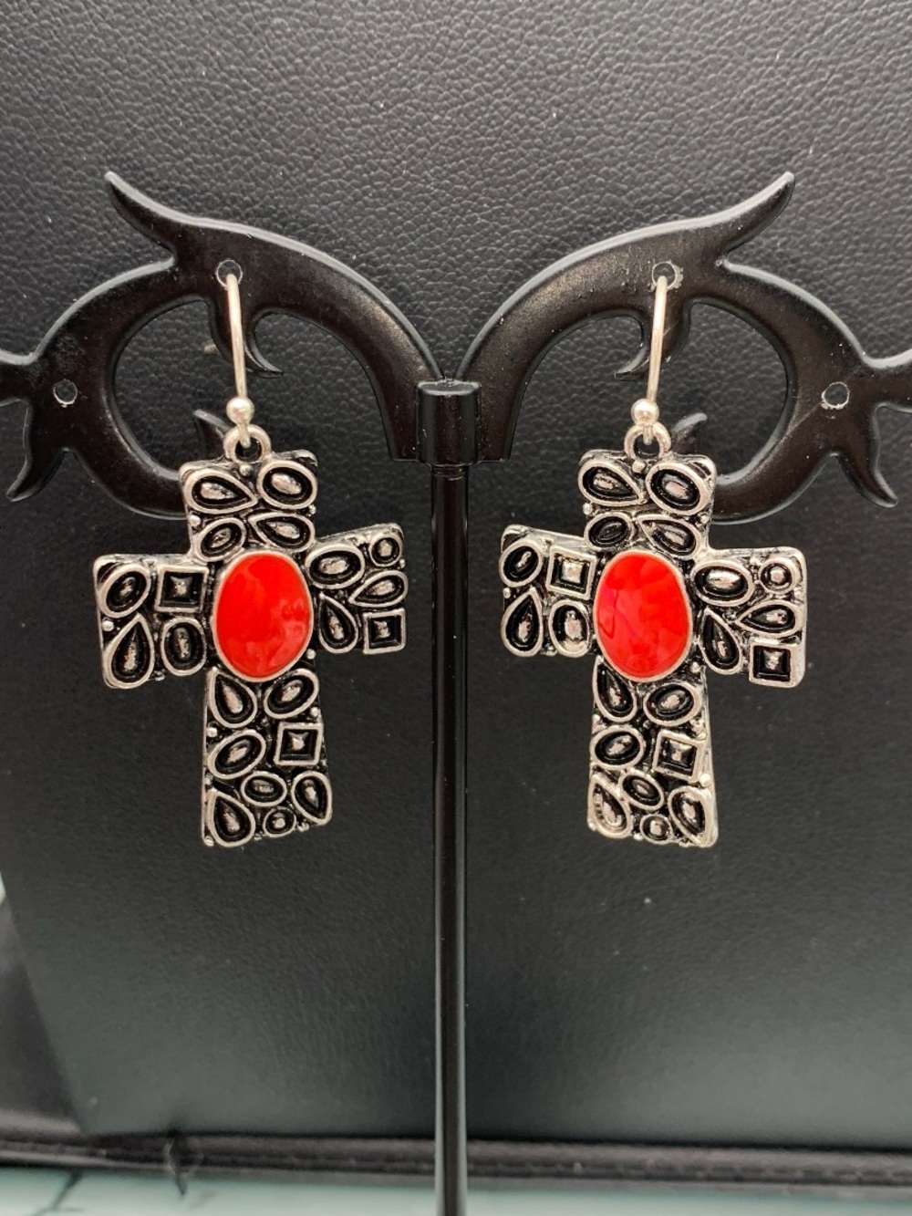 Silver tone ornate Cross Drop Earrings with Red enamel Accent
